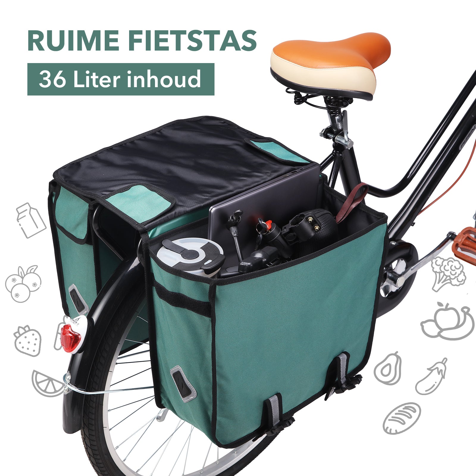 Packaway Dubbele Fietstas 36L groen - hoge zichtbaarheid - waterdicht