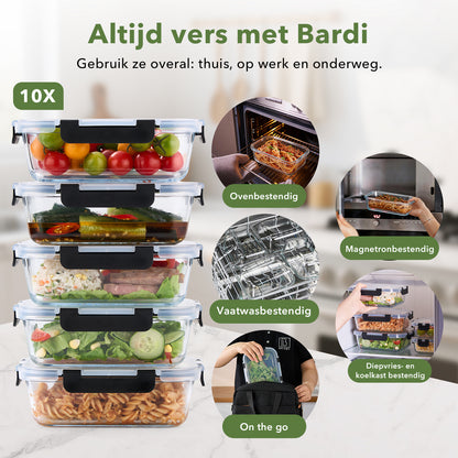 BARDI 10 Delige Glazen Meal Prep Bakjes + 10 Wonderspons – Glazen Vershoudbakjes – Luchtdicht – BPA-vrij – 1060ML + 370ML – Zwarte Clips