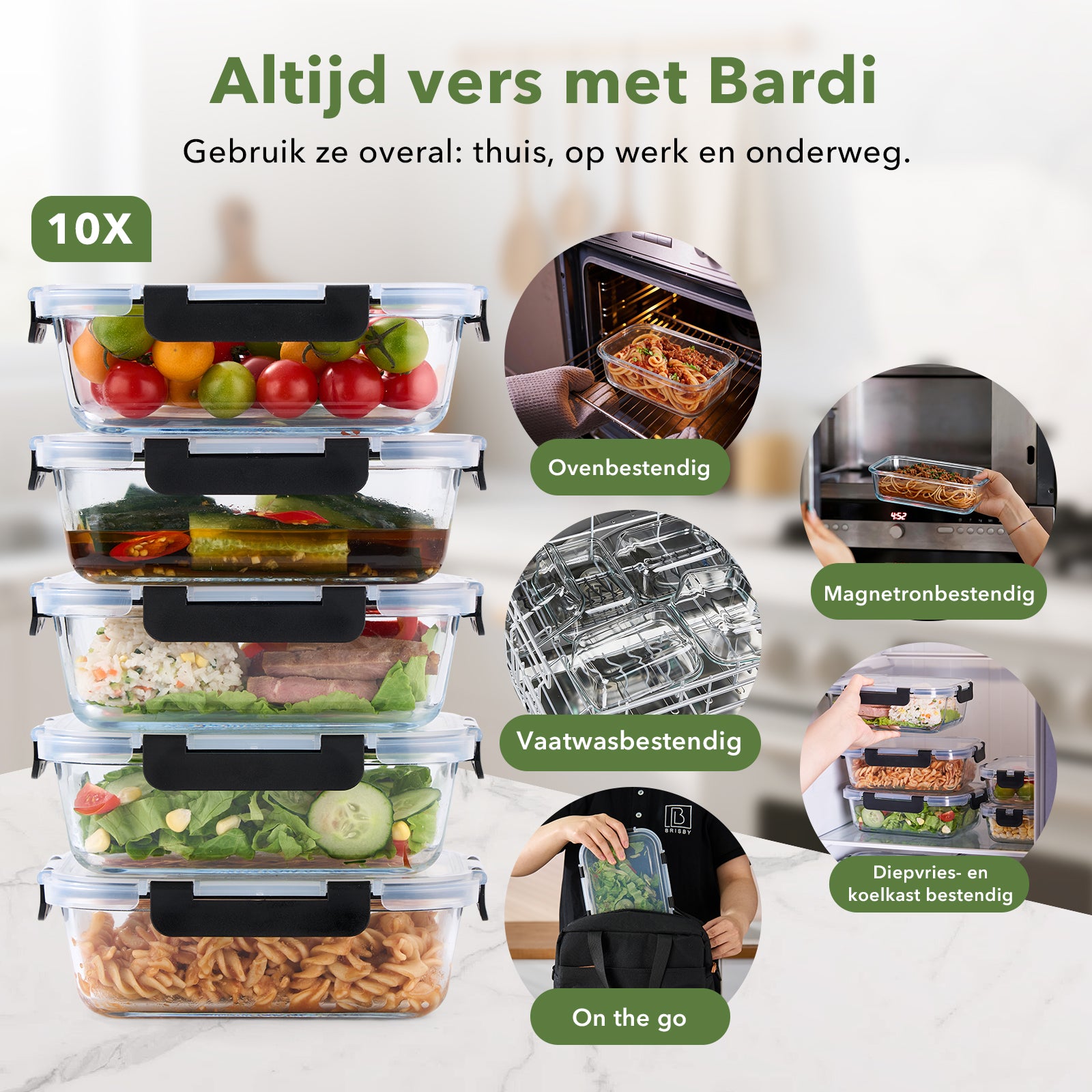 Bardi 10-delige set glazen vershoudbakjes 1060ml & 370ml - oven- magnetron- en vriezerbestendig,  incl. 10 wondersponsen