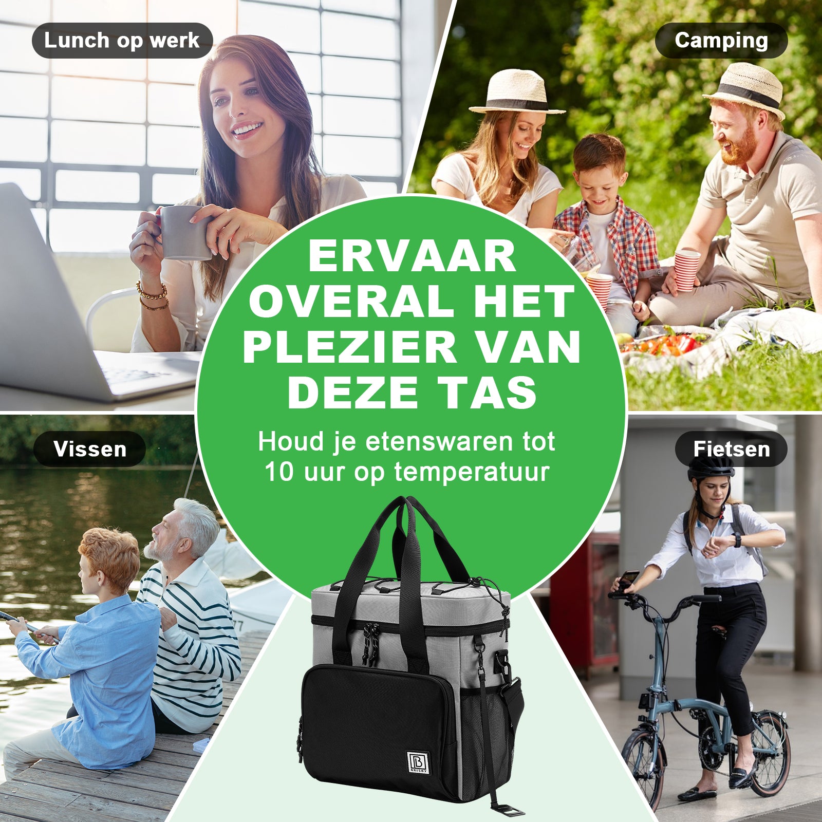 Koeltas 15L zwart grijs - Lunchtas - 4-laags geïsoleerd - 2 gratis koelelementen - incl. schouderriem