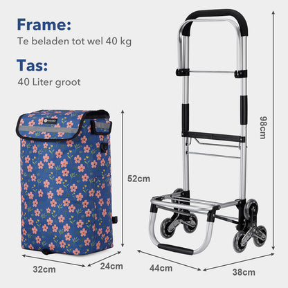 Packaway Boodschappentrolley met Trapwielen 40 Liter - Opvouwbare Boodschappenwagen met ruim Koelvak - Blue Blossom