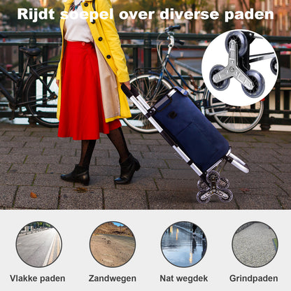 Boodschappentrolley met trapwielen 40L blauw - winkelwagen ophanging - opvouwbaar - telescopisch handvat