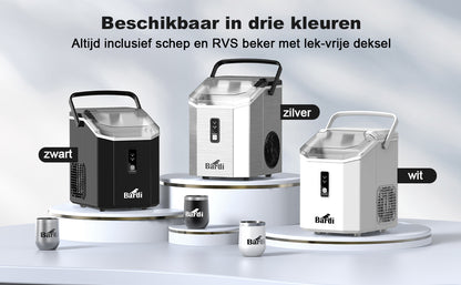Bardi 1.1L - Nugget IJsblokjesmachine Square - Crushed Ice Maker met IJsschep - 15kg/24 uur - Ijsblokjesmaker - Met Luxe Thermosbeker - WIT met citruspers Zwart