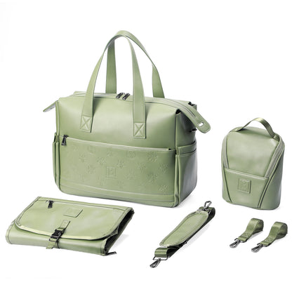 Venezia diaper bag and weekend bag green - PU leather - shoulder bag - wear-resistant - Incl. buggy/pram hooks, changing mat and cool bag