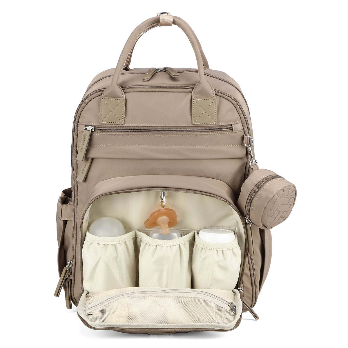 Brisby Premium Luiertas – Uitgebreide en Functionele Verzorgingstas – met buggymontage – Anti Diefstal Vakken - Reistrolley Sleeve - Inclusief verschoonmatje t.w.v.15,99 euro en speenhouder - Levenslange Garantie - Natural Greige