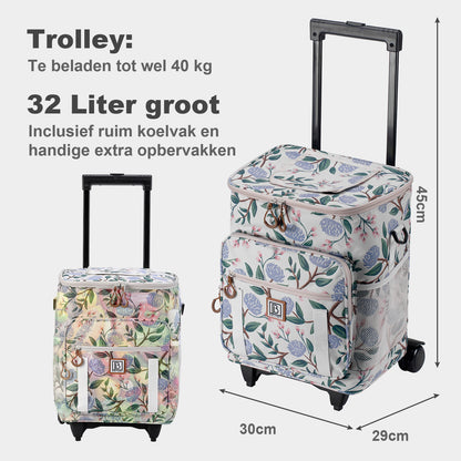 Brisby Boodschappentrolley met Koelvak – 32L Ruimte – Ideaal voor Boodschappen – Inclusief Koelelementen – Waterafstotend – Verstelbaar Handvat – White Flower