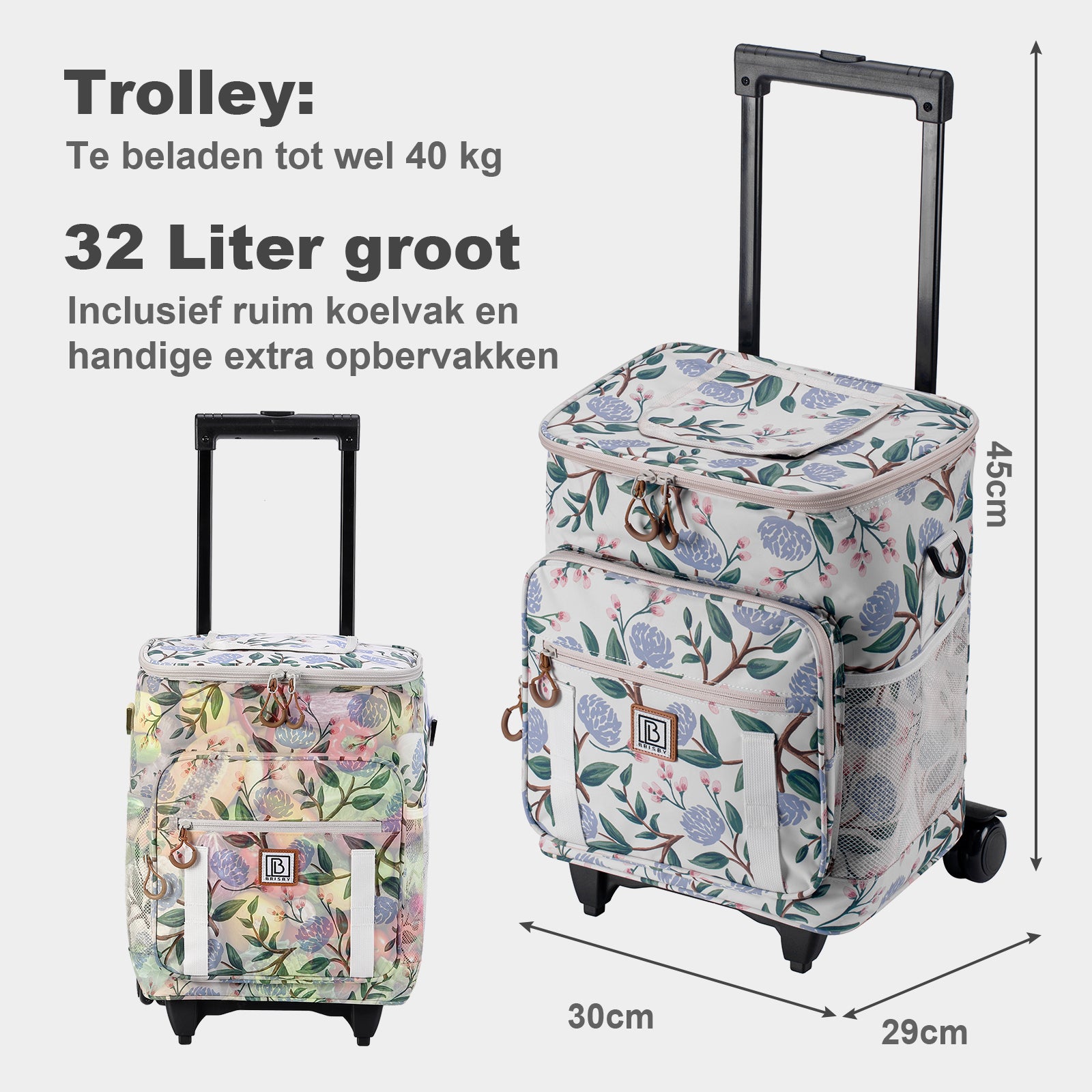 Boodschappentrolley met koelvak 32L white flower - Ideaal voor boodschappen - incl. koelelementen - waterafstotend - verstelbaar handvat