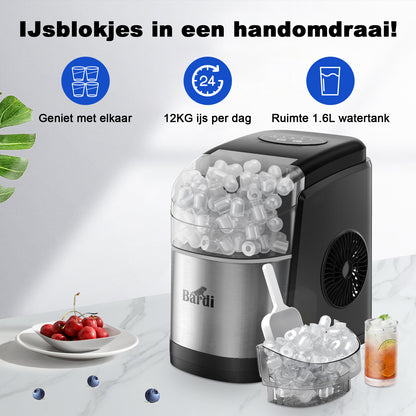 Bardi Deluxe IJsblokjesmachine 1,6L zwart-RVS - Zelfreinigingsfunctie - ijsblokmaker met ijsschep - Incl. luxe thermosbeker en ijsschep