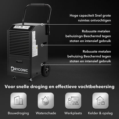Dryconic Bouwdroger 70L - professioneel - 5,5L watertank - ContinuousDrain - Auto-Defrost - JobSite metaal