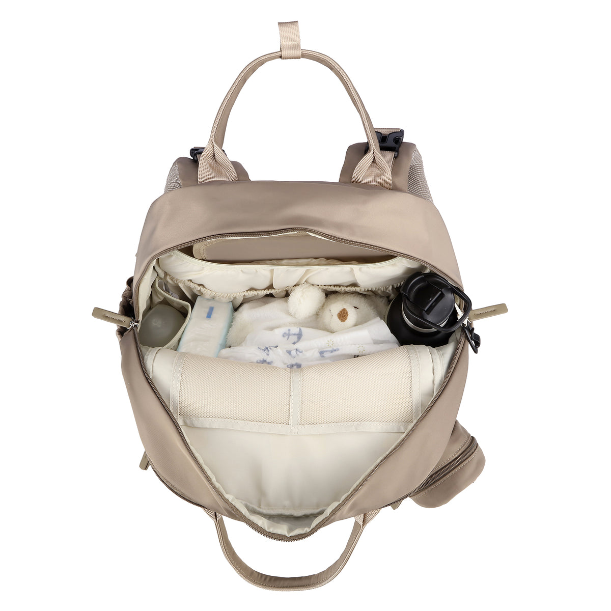 Brisby Premium Luiertas – Uitgebreide en Functionele Verzorgingstas – met buggymontage – Anti Diefstal Vakken - Reistrolley Sleeve - Inclusief verschoonmatje t.w.v.15,99 euro en speenhouder - Levenslange Garantie - Natural Greige
