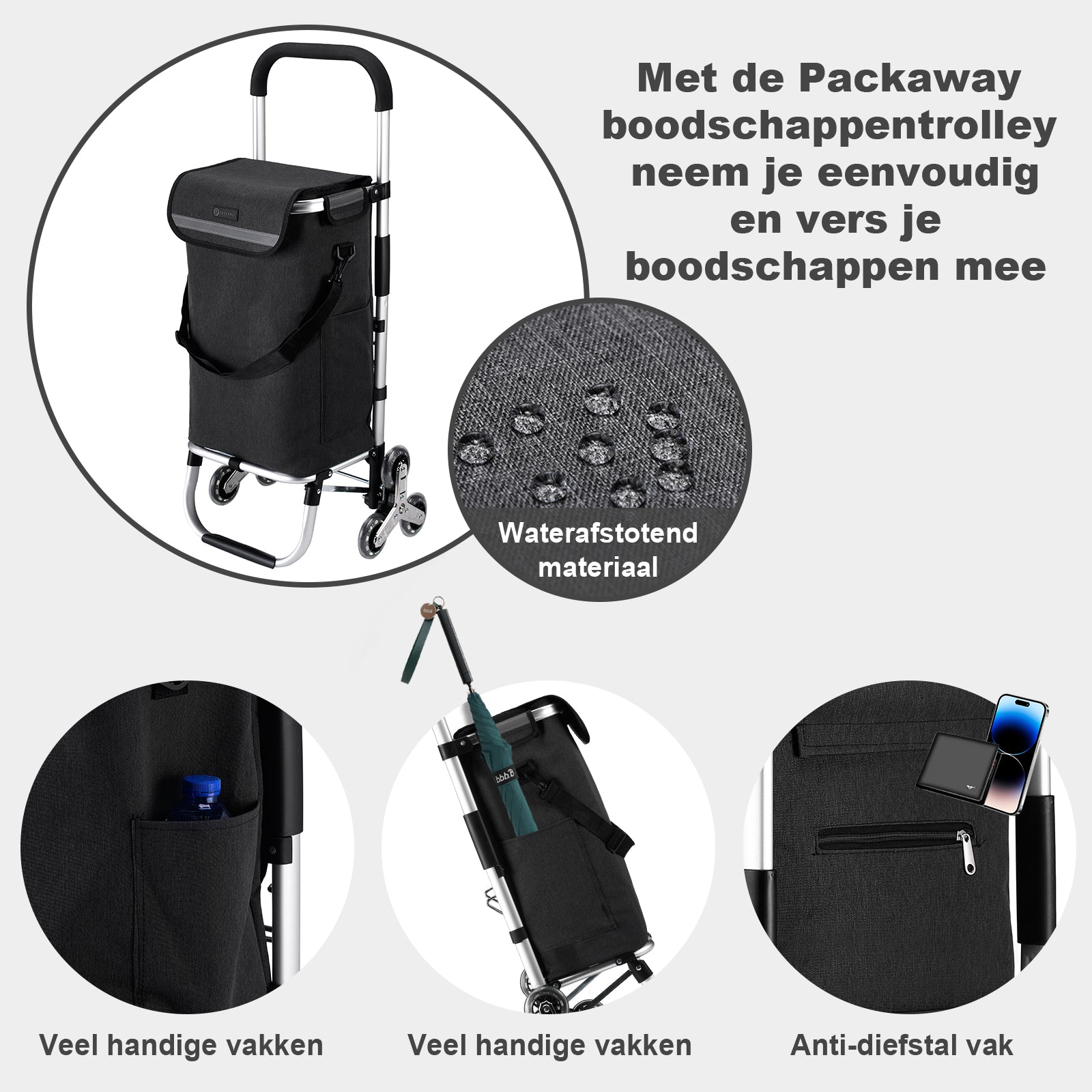 Boodschappentrolley 40L  met trapwielen grijs - winkelwagen ophanging - opvouwbaar - telescopisch handvat