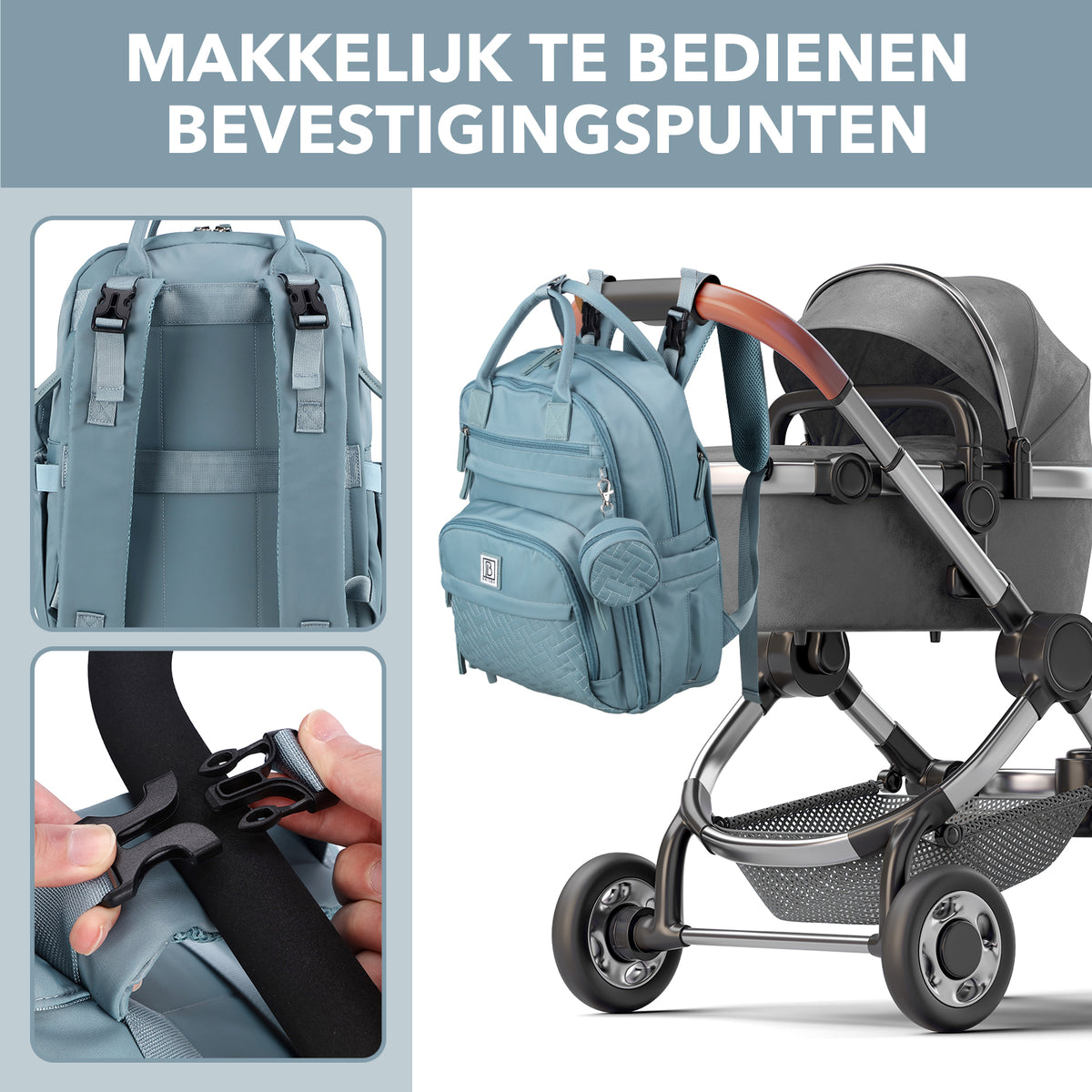Brisby Premium Luiertas – Uitgebreide en Functionele Verzorgingstas – met buggymontage – Anti Diefstal Vakken - Reistrolley Sleeve - Inclusief verschoonmatje t.w.v.15,99 euro en speenhouder - Levenslange Garantie - Misty Blue
