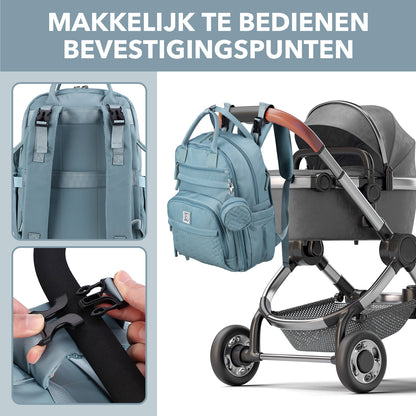 Brisby Premium Luiertas – Uitgebreide en Functionele Verzorgingstas – met buggymontage – Anti Diefstal Vakken - Reistrolley Sleeve - Inclusief verschoonmatje t.w.v.15,99 euro en speenhouder - Levenslange Garantie - Misty Blue