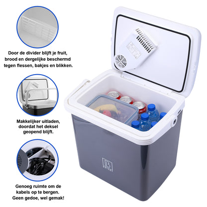 Elektrische koelbox 25L grijs - AC/DC 12V, 220/230V - incl. divider en vershoudbakjes - vergrendelbare deksel