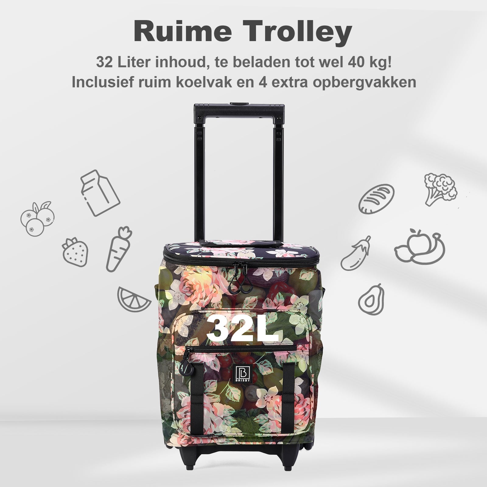 Brisby Boodschappentrolley met Koelvak – 32L Ruimte – Ideaal voor Boodschappen – Inclusief Koelelementen – Waterafstotend – Verstelbaar Handvat – Dark Flower