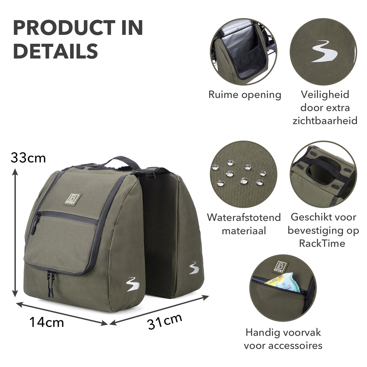 Brisby Dubbele Fietstas 34 Liter – Voor Gewone en Elektrische Fiets – Waterafstotend Polyester – Met Trekkoord, Gespsluiting en Reflectie – Groen