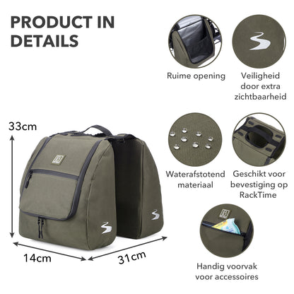Brisby Dubbele Fietstas 34 Liter – Voor Gewone en Elektrische Fiets – Waterafstotend Polyester – Met Trekkoord, Gespsluiting en Reflectie – Groen