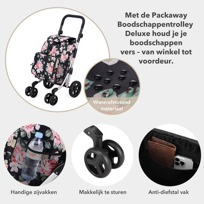 Packaway Boodschappentrolley met 4 wielen - boodschappenwagen deluxe met koelvak en verstelbaar handvat – 60 liter – Black Flower