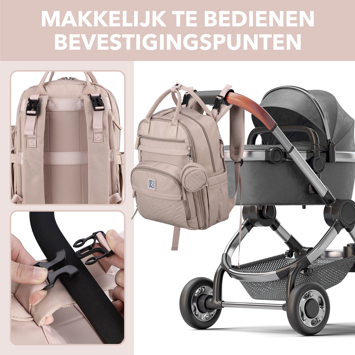 Brisby Premium Luiertas – Uitgebreide en Functionele Verzorgingstas – met buggymontage – Anti Diefstal Vakken - Reistrolley Sleeve - Inclusief verschoonmatje t.w.v.15,99 euro en speenhouder - Levenslange Garantie - Muted Rosé