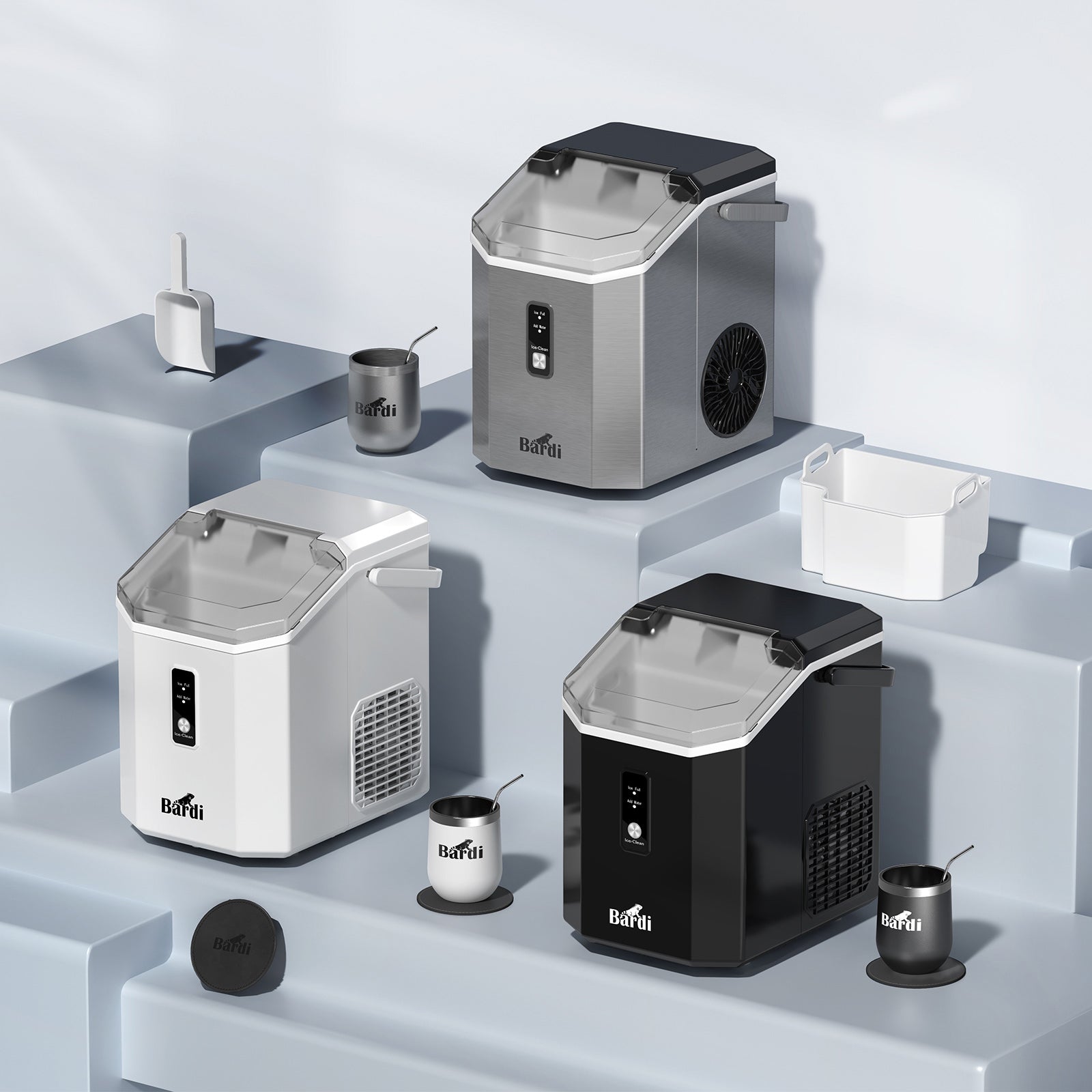 Bardi 1.1L - Nugget IJsblokjesmachine Square - Crushed Ice Maker met IJsschep - 15kg/24 uur - Ijsblokjesmaker - Met Luxe Thermosbeker - RVS met citruspers RVS