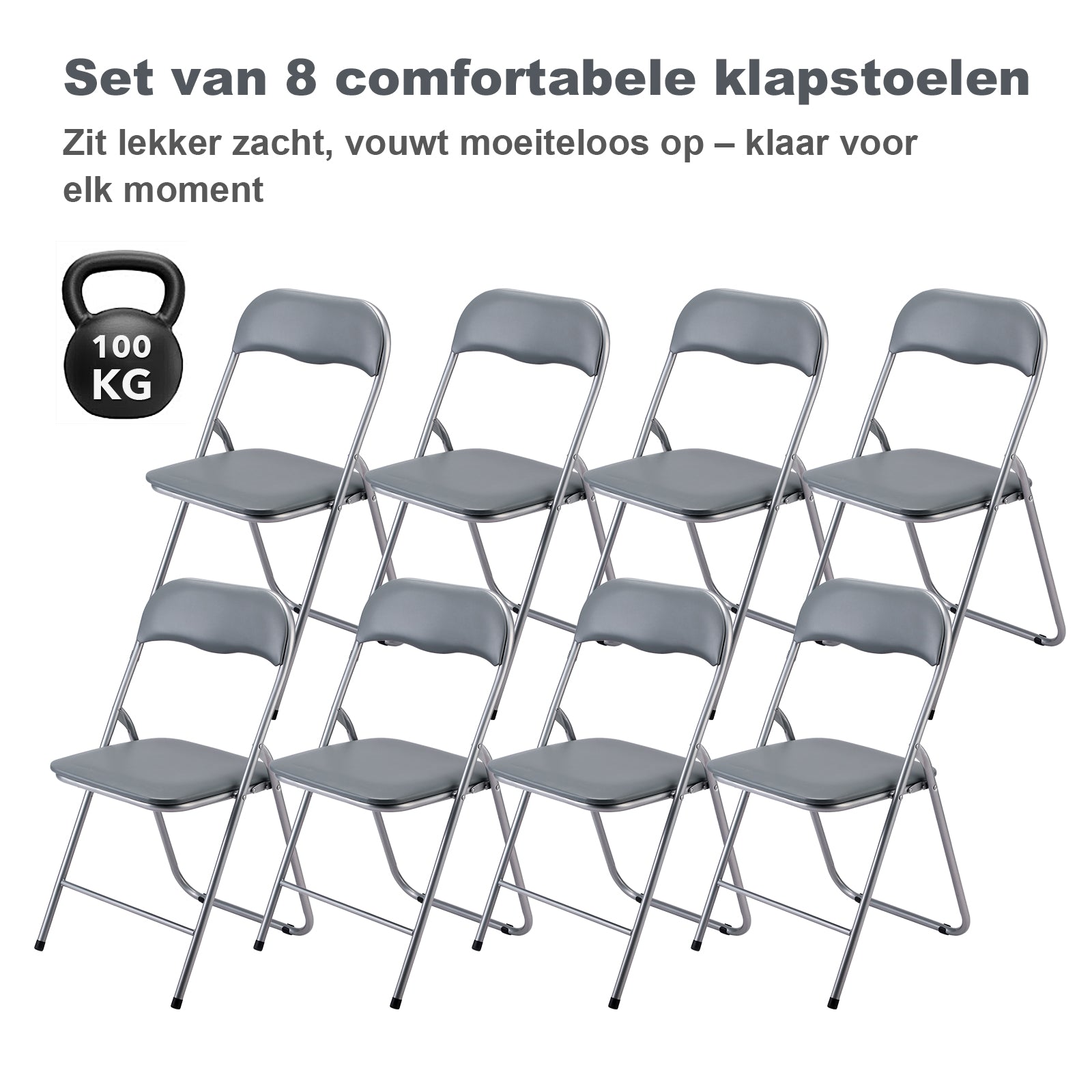 Bardi 8-delige Klapstoelen set PVC grijs - 100 kg draagvermogen