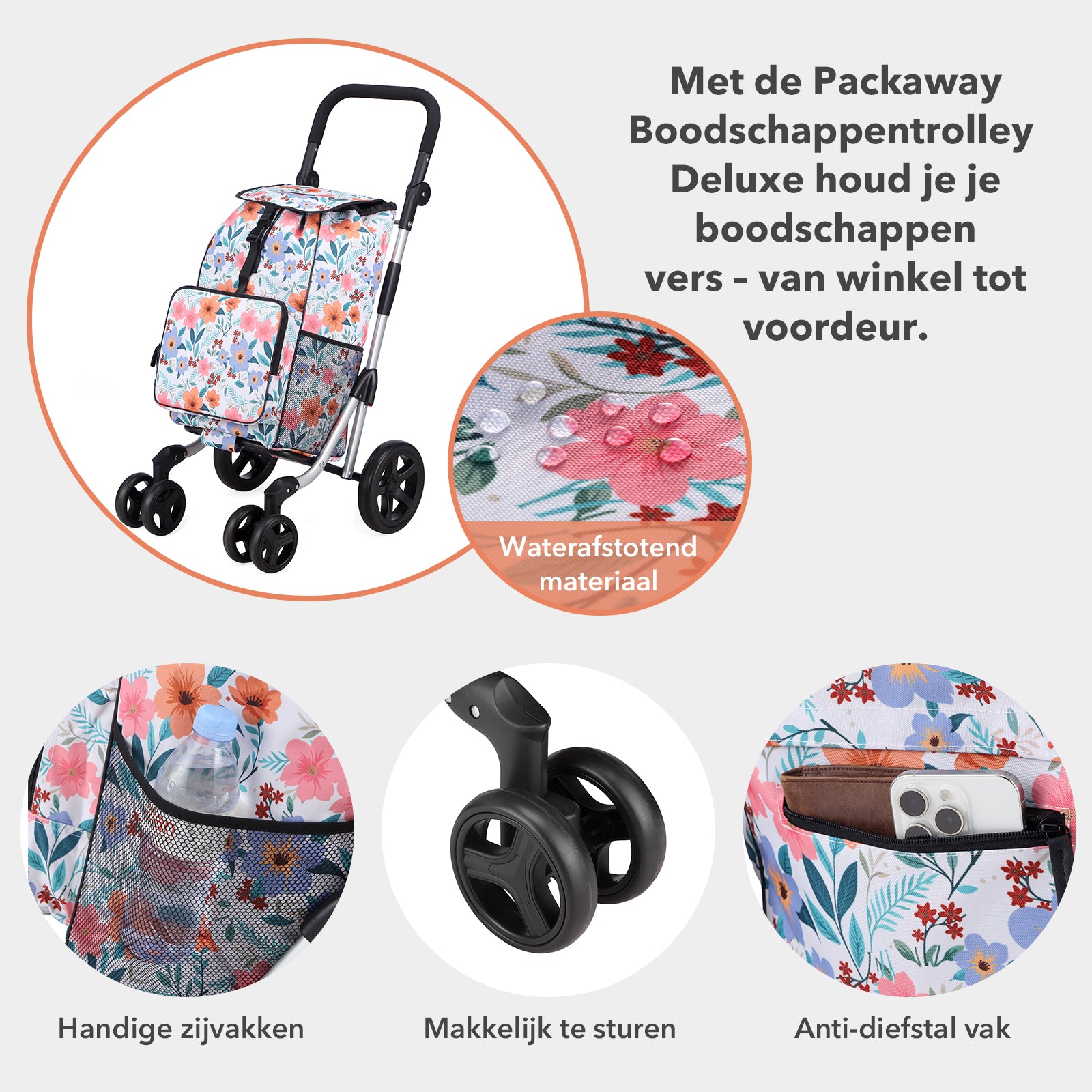 Packaway Boodschappentrolley met 4 wielen - boodschappenwagen deluxe met koelvak en verstelbaar handvat – 60 liter – Pastel Blossom