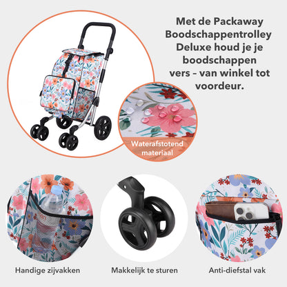 Packaway Boodschappentrolley met 4 wielen - boodschappenwagen deluxe met koelvak en verstelbaar handvat – 60 liter – Pastel Blossom