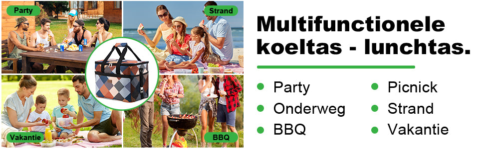 Koeltas 30L block - lunchtas - opvouwbaar - 4-laags geïsoleerd - incl. 4 gratis koelelementen en draagband