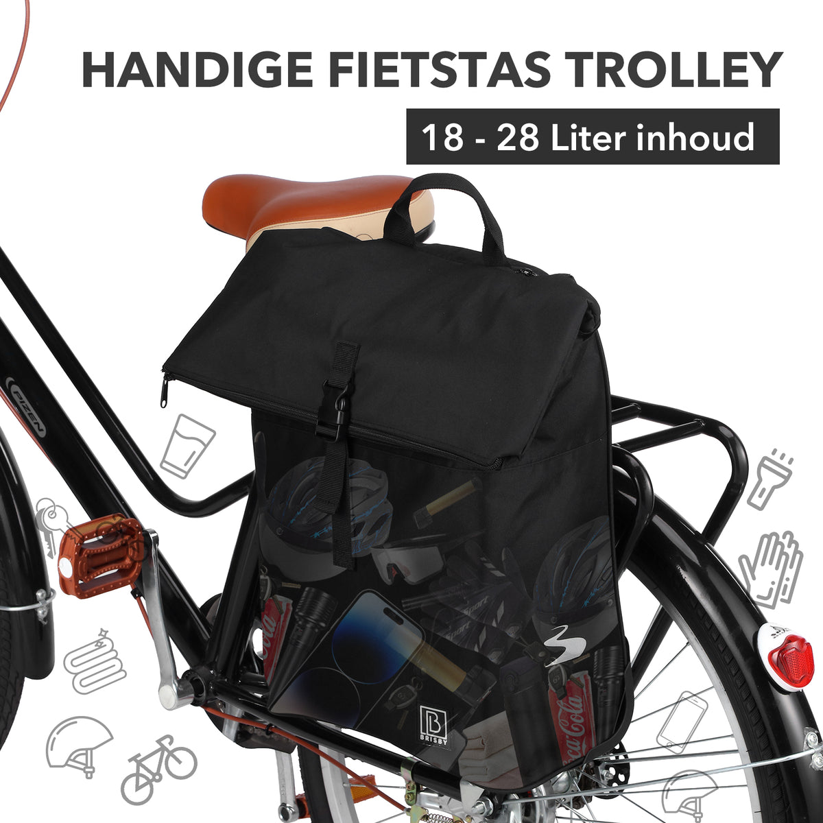 Fietstrolley Tas 2-in-1 Fietstas en Trolley Zwart 18-28L Laptopvak Verstelbare Hendel Bevestigingssysteem - Zwart