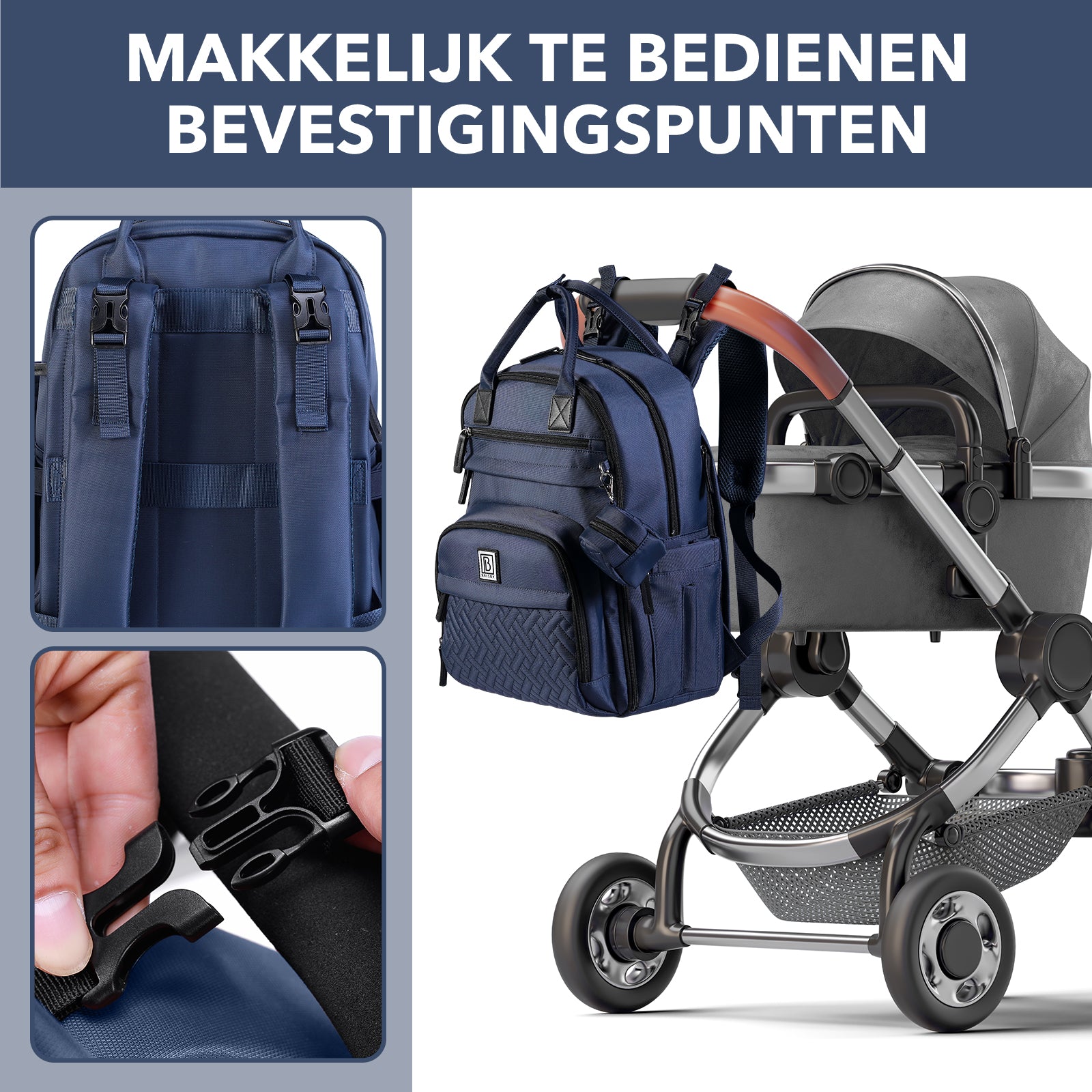 Premium luiertas blauw - uitgebreide en functionele verzorgingstas - met buggymontage - anti diefstal vakken - reistrolley sleeve - incl. verschoonmatje en speenhouder - levenslange garantie