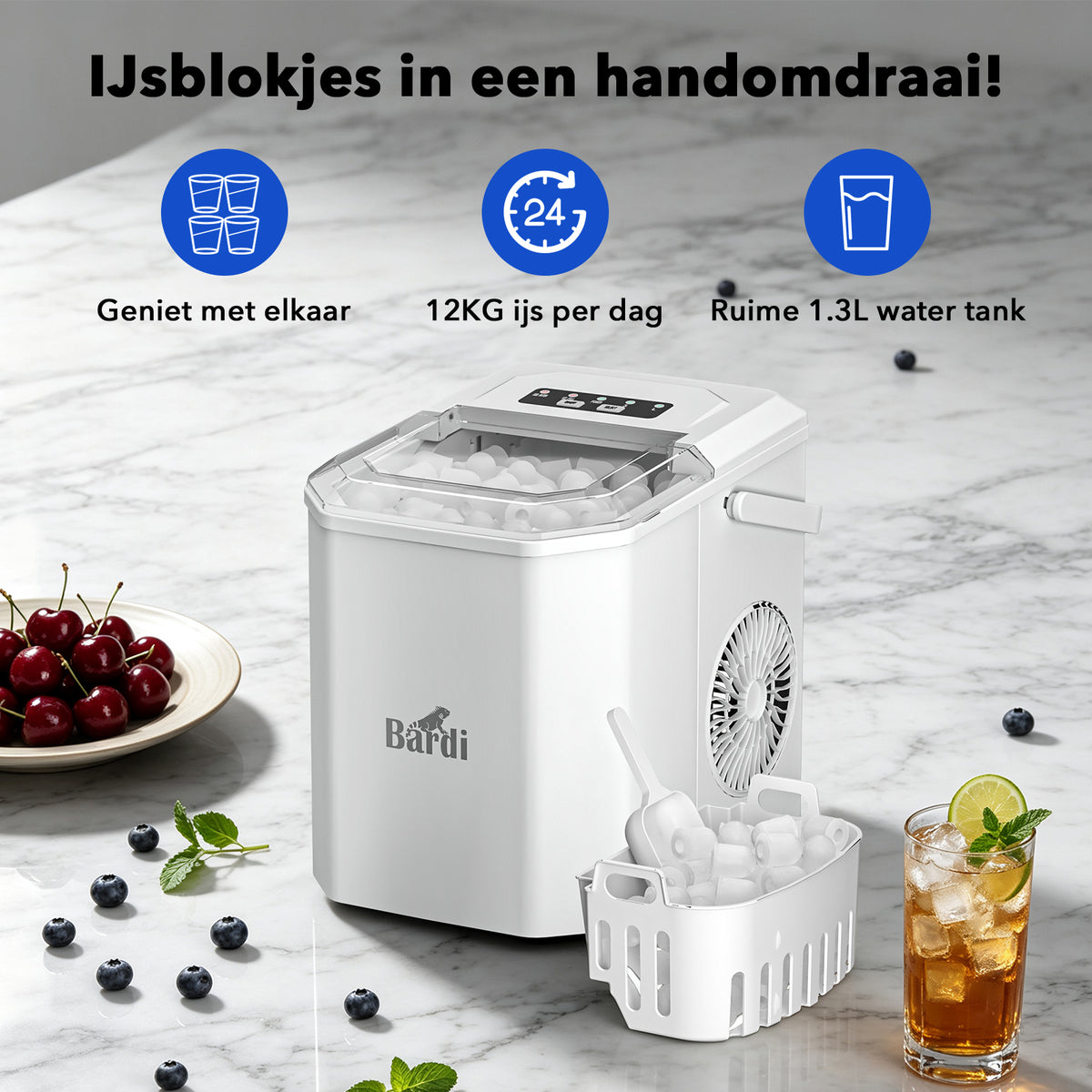 Bardi 1.3L Deluxe IJsblokjesmachine Square – IJsblokmaker Inclusief Luxe Thermosbeker en IJsschep – 9 Blokjes in 8 Minuten – WIT