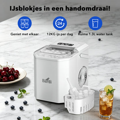 Bardi 1.3L Deluxe IJsblokjesmachine Square – IJsblokmaker Inclusief Luxe Thermosbeker en IJsschep – 9 Blokjes in 8 Minuten – WIT