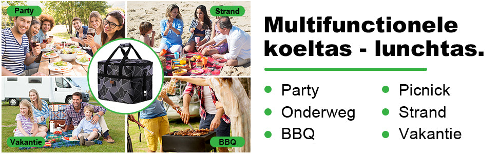 Koeltas 40L abstract grijs en zwart - lunchtas - opvouwbaar - 4-laags geïsoleerd - incl. 6 gratis koelelementen en draagband