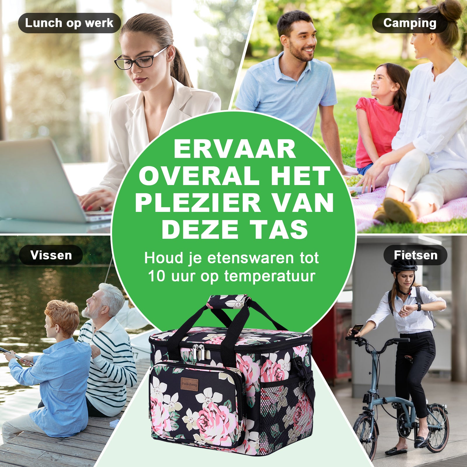 Koeltas 15L koeltas black flower - lunchtas - 4-laags geïsoleerd - opvouwbaar - incl. 2 gratis koelelementen en draagband