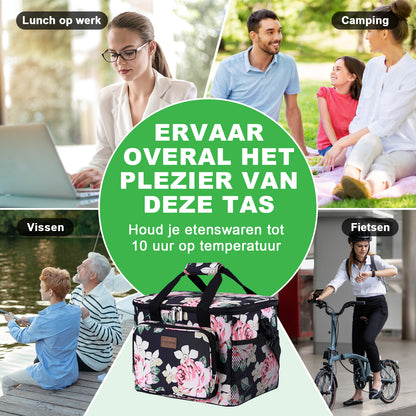 Koeltas 15L abstract black flower - lunchtas - 4-laags geïsoleerd - opvouwbaar - incl. 2 gratis koelelementen en draagband