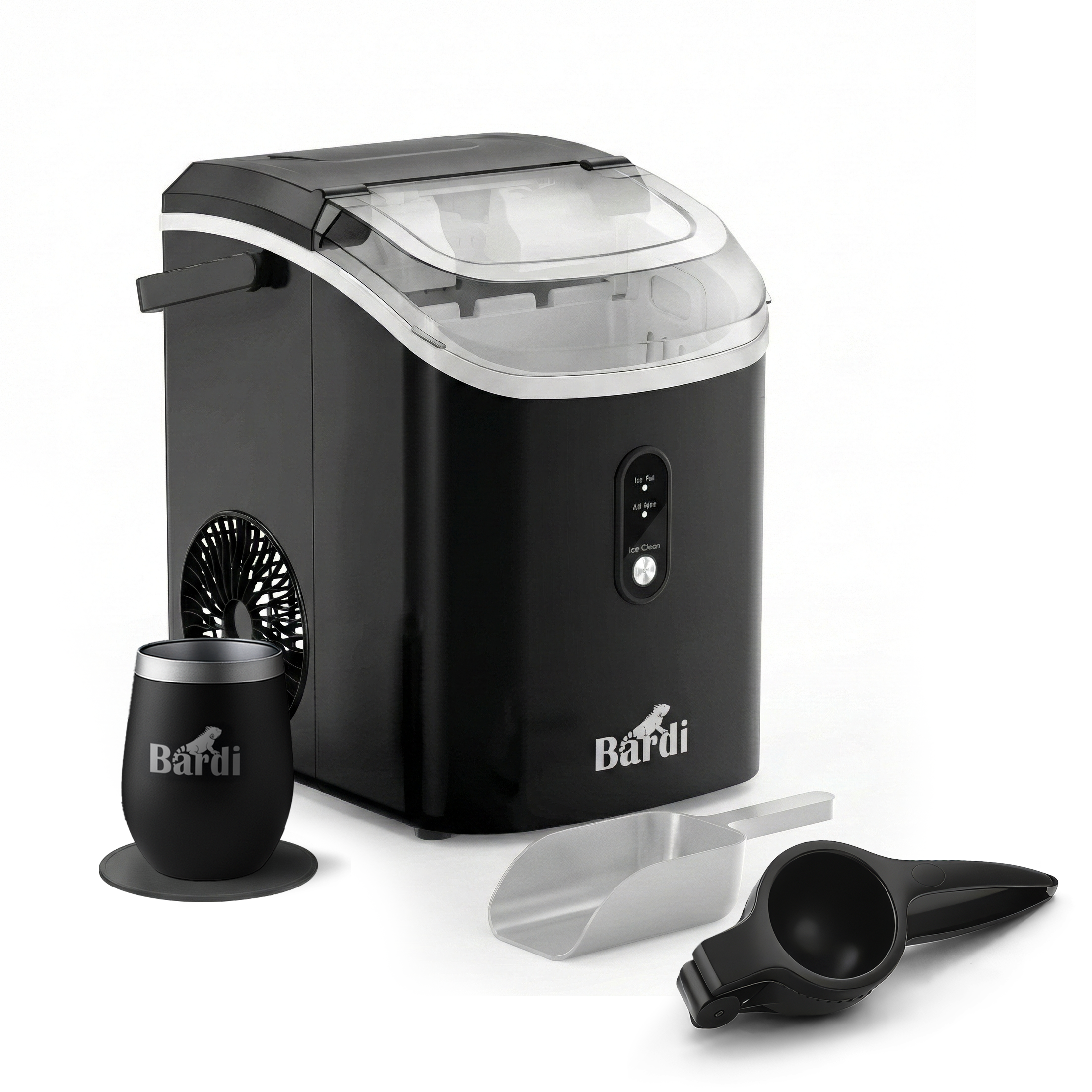 Bardi 1.1L - Nugget IJsblokjesmachine Rond - Crushed Ice Maker met IJsschep - 15kg/24 uur - Ijsblokjesmaker - Met Luxe Thermosbeker - Zwart - Citruspers Zwart