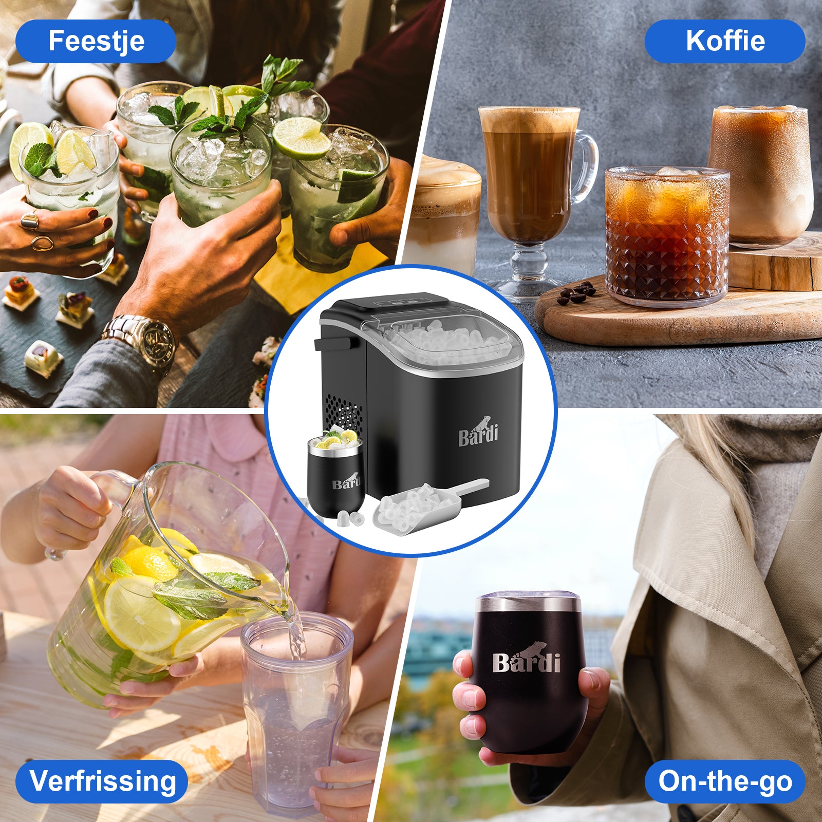Bardi Deluxe Ice Cube Machine 1.2L black - Self-cleaning function - ice cube maker with ice scoop - Incl. luxury thermos cup and ice scoop