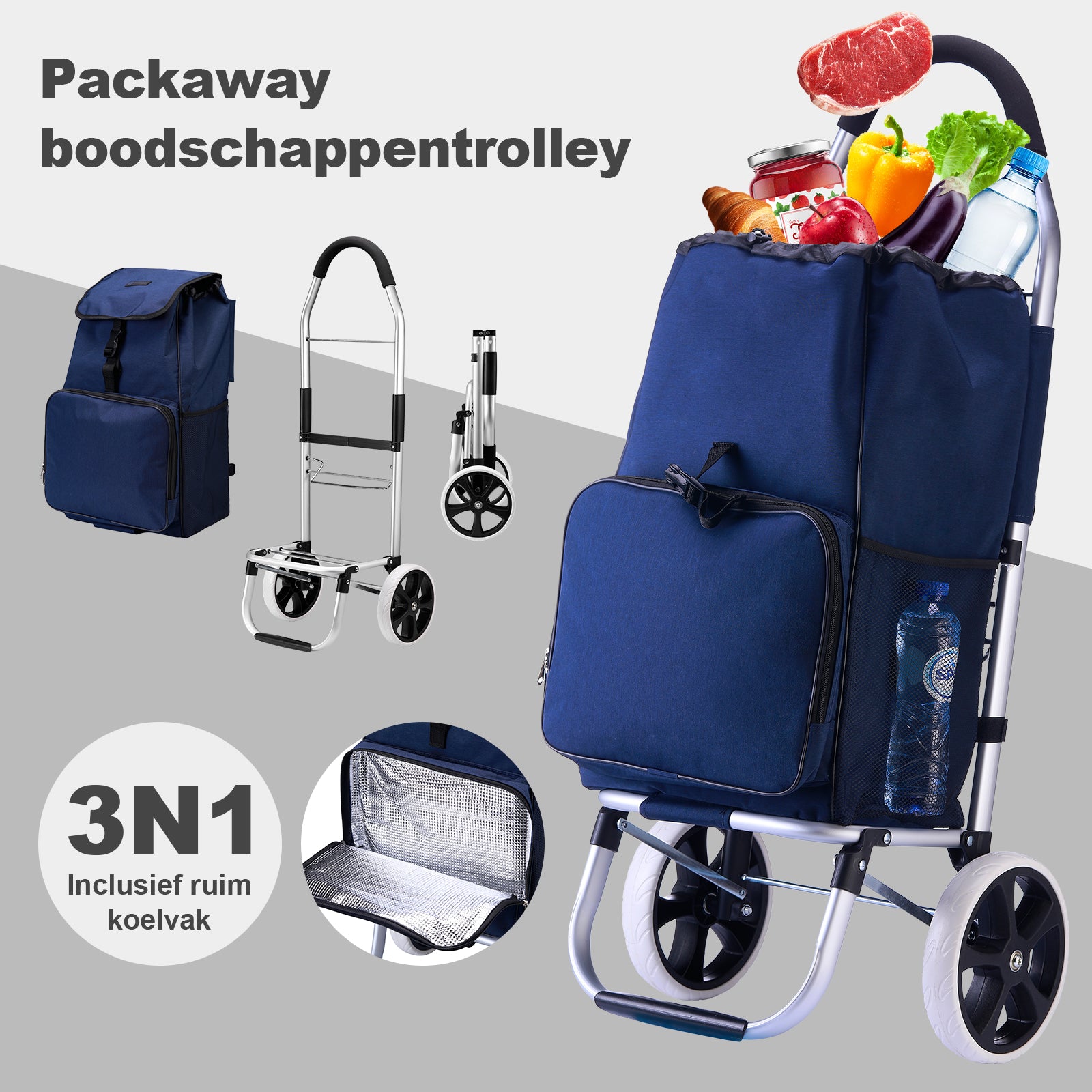 Boodschappentrolley 45L blauw - winkelwagen ophanging - opvouwbaar - telescopisch handvat