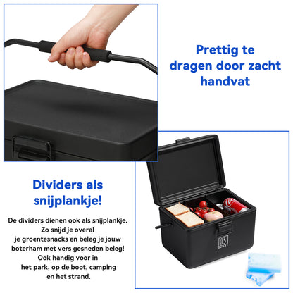 Koelbox 12L met handvat zwart - dividers - snijplanken - tot maximaal 40 uur isolatie - incl. 2 koelelementen van 200ml