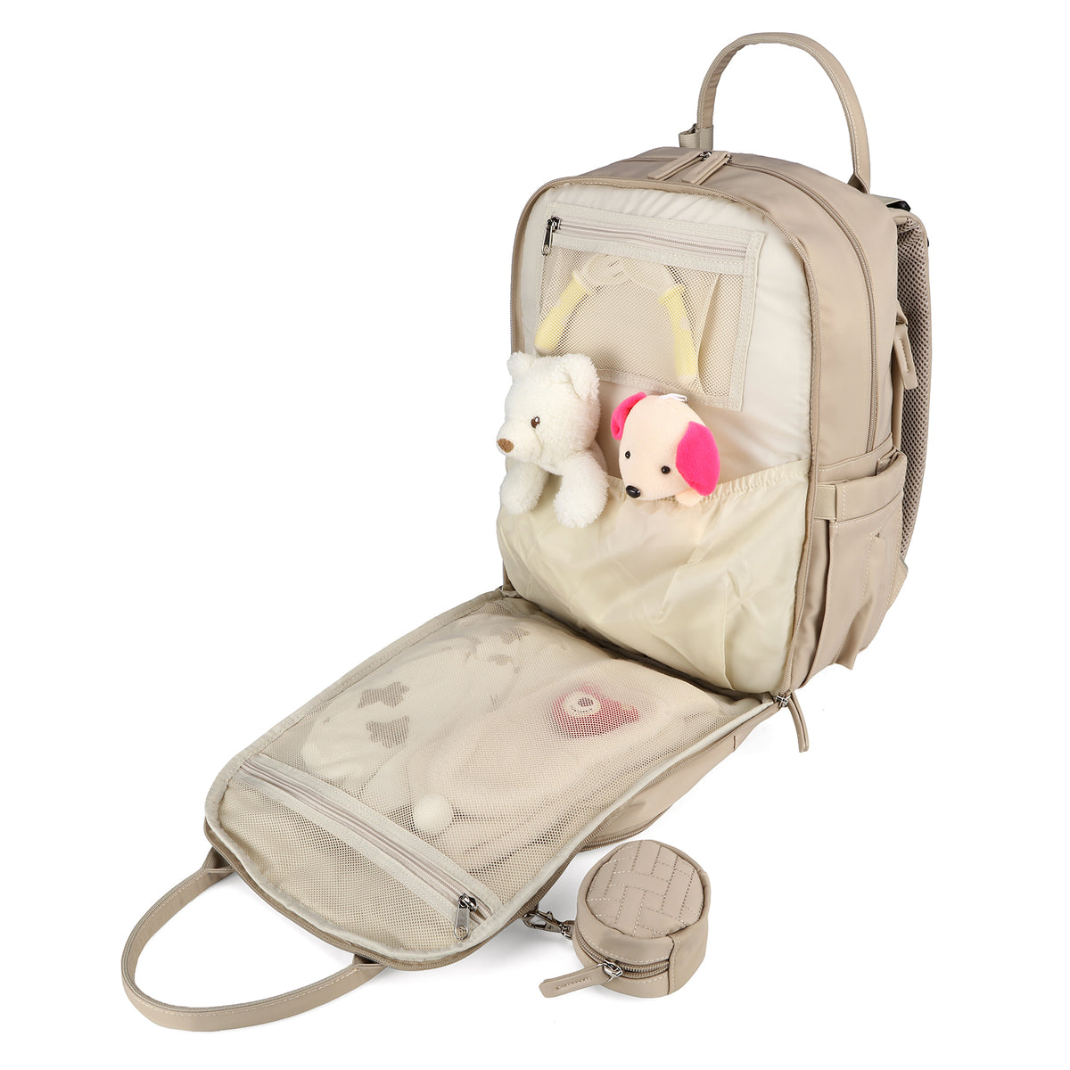 Brisby Premium Luiertas – Uitgebreide en Functionele Verzorgingstas – met buggymontage – Anti Diefstal Vakken - Reistrolley Sleeve - Inclusief verschoonmatje t.w.v.15,99 euro en speenhouder - Levenslange Garantie - Natural Champagne