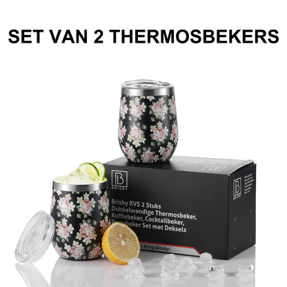 Thermosbeker set black flower - 2 bekers met lekvrije deksels - dubbelwandig - 360ml