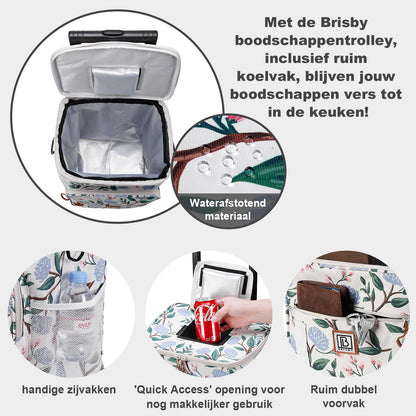 Brisby Boodschappentrolley met Koelvak – 32L Ruimte – Ideaal voor Boodschappen – Inclusief Koelelementen – Waterafstotend – Verstelbaar Handvat – White Flower