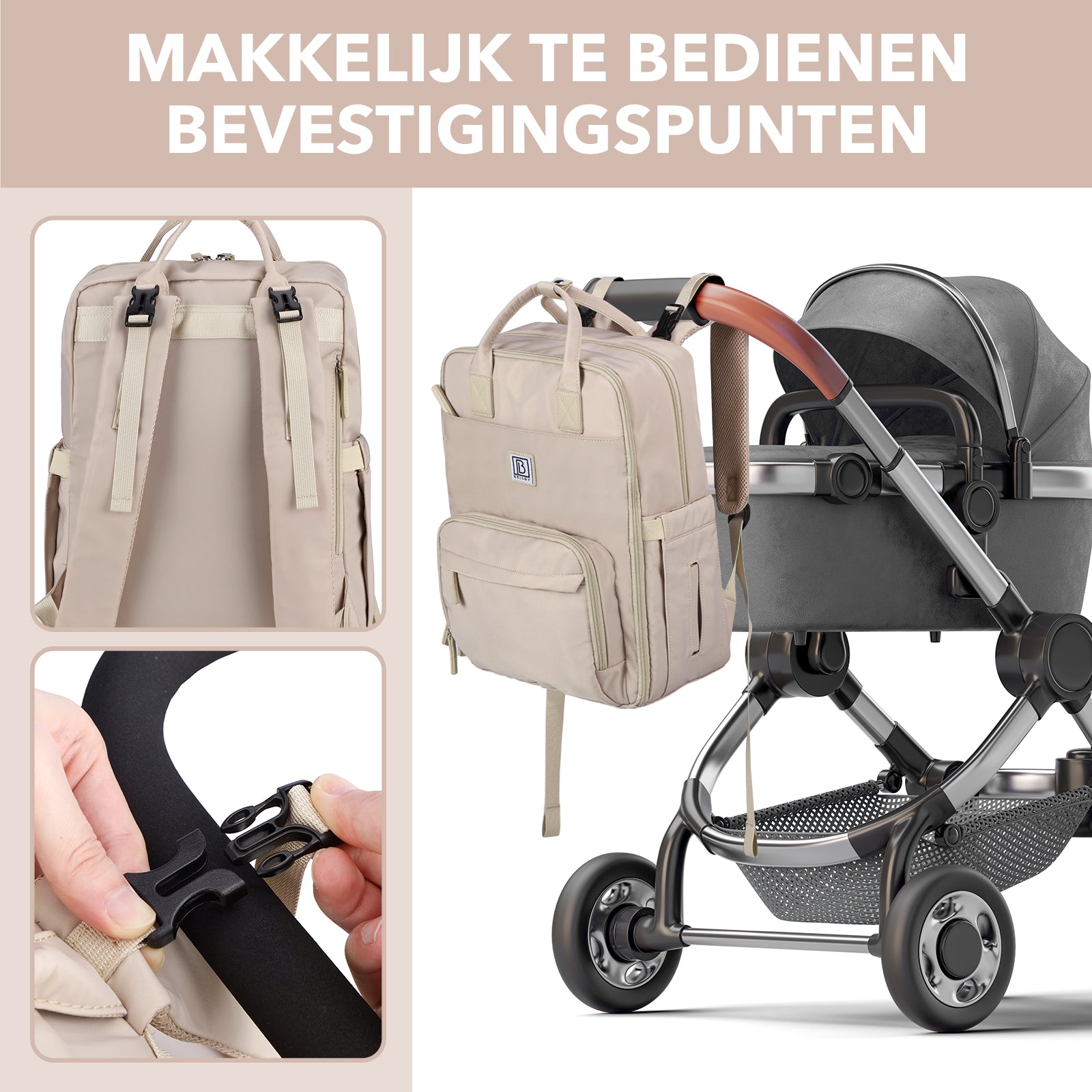 Brisby slijtvaste Luiertas – verzorgingstas – met buggymontage - Smooth Champagne