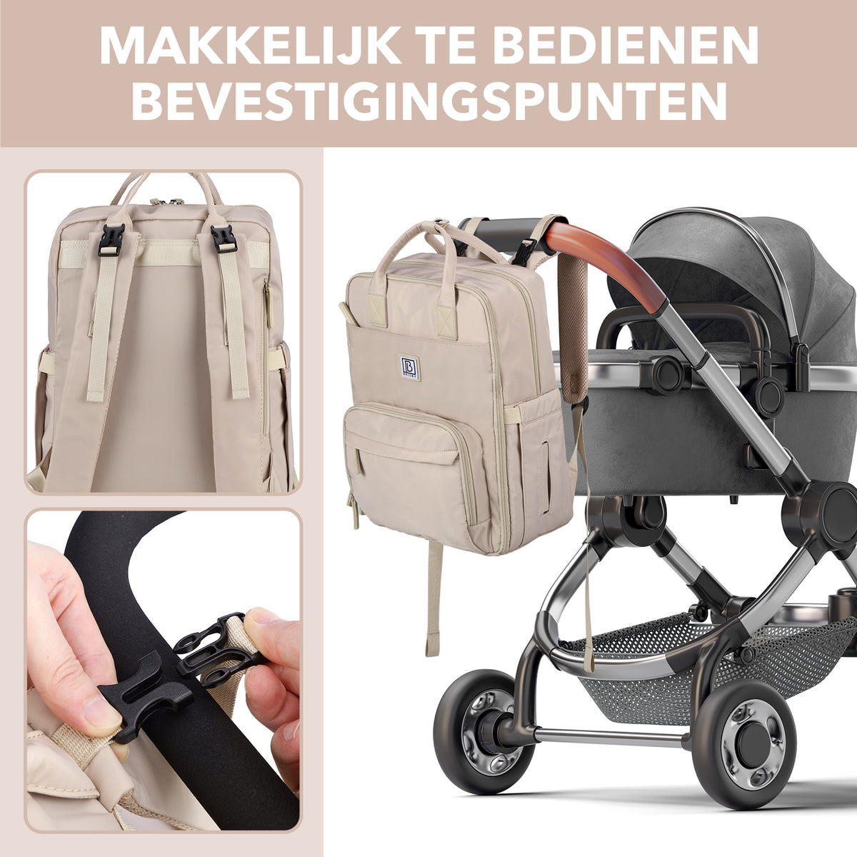 Brisby slijtvaste Luiertas – verzorgingstas – met buggymontage - Smooth Champagne