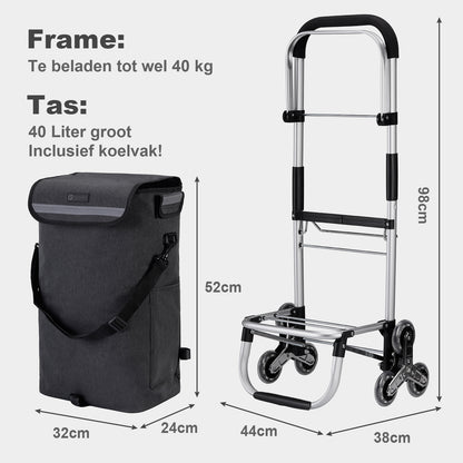 Boodschappentrolley 40L  met trapwielen grijs - winkelwagen ophanging - opvouwbaar - telescopisch handvat