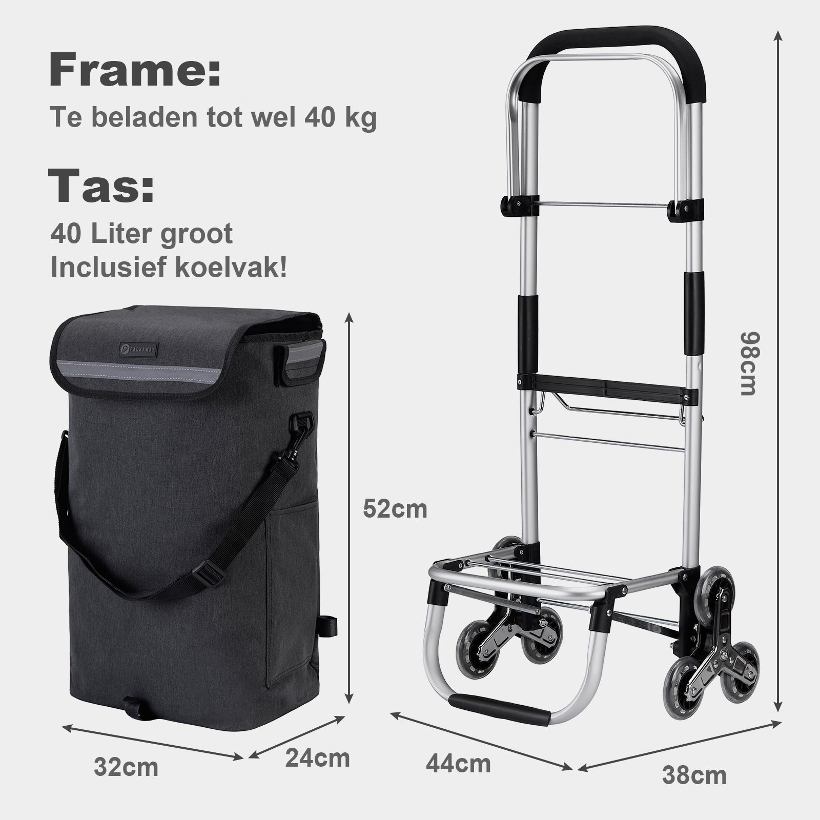 Packaway Boodschappentrolley met 6 wielen voor trappen - 40L - boodschappenwagen - steekwagen functie - GRIJS