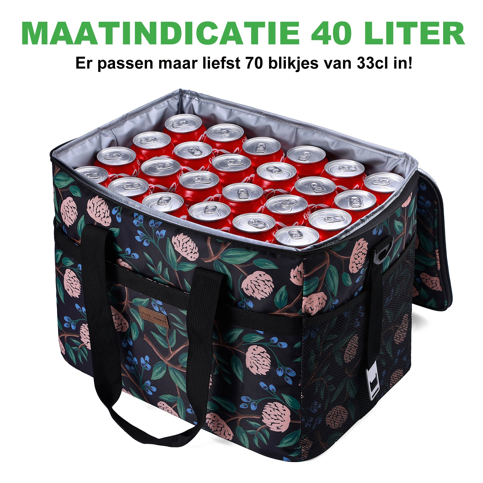 Koeltas 40L passion flower - lunchtas - opvouwbaar - 4-laags geïsoleerd - incl. 6 gratis koelelementen en draagband