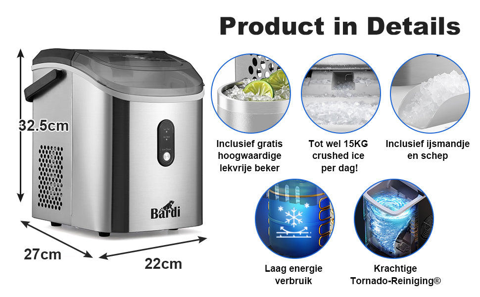 Bardi 1.1L - Nugget IJsblokjesmachine Rond - Crushed Ice Maker met IJsschep - 15kg/24 uur - Ijsblokjesmaker - Met Luxe Thermosbeker - RVS - Citruspers RVS