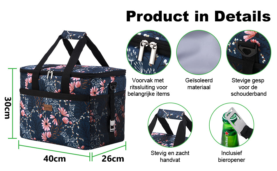 Koeltas 30L japanese flower - lunchtas - opvouwbaar - 4-laags geïsoleerd - incl. 4 gratis koelelementen en draagband