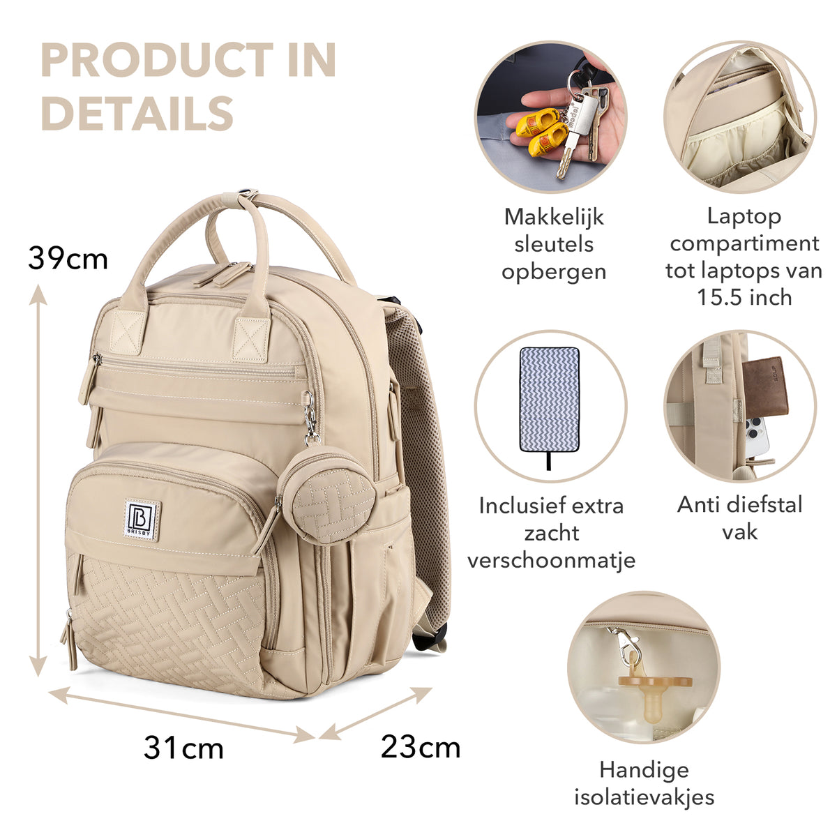 Brisby Premium Luiertas – Uitgebreide en Functionele Verzorgingstas – met buggymontage – Anti Diefstal Vakken - Reistrolley Sleeve - Inclusief verschoonmatje t.w.v.15,99 euro en speenhouder - Levenslange Garantie - Natural Champagne